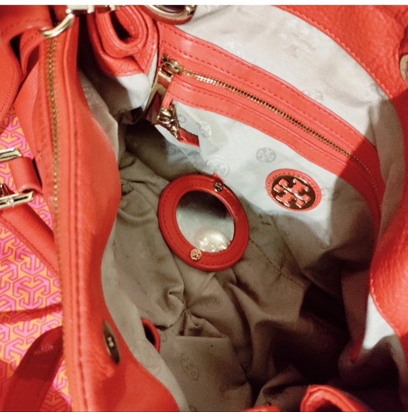 Tory Burch Amanda Orange Leather Logo Satchel Shoulder Bag –With Matching Mirror - Picture 10 of 14